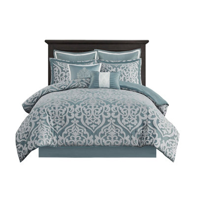 Elegant 8-piece Jacquard Bedding Sets, Aqua And Silver Polyester Comforter Queen Size