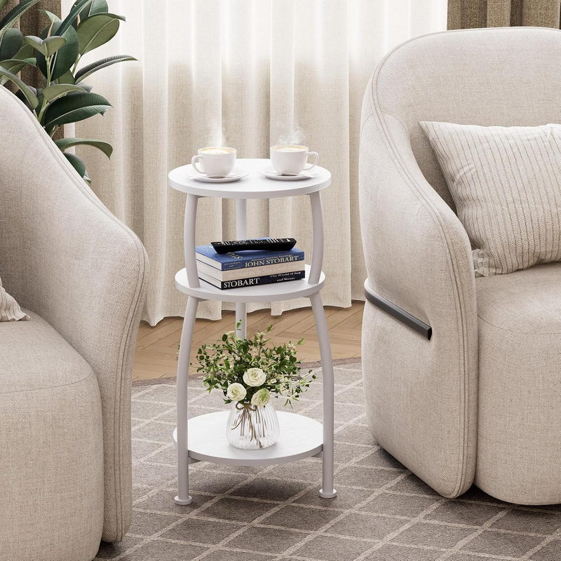Petite table d'appoint ronde à 3 niveaux 11,8 po, table de chevet mince pour les petits espaces, Blanc