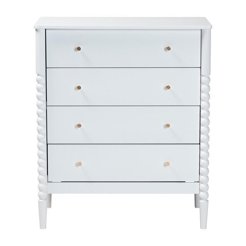 Lucera Mid-Century Bobbin Wood 4-Drawer Chest, White