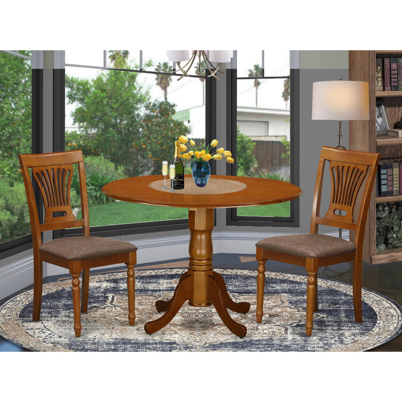 3 Piece Dining Room Table Set Contains a Round Kitchen Table with Dropleaf and 2 Linen Fabric Upholstered Dining Chairs, 42x42 Inch, Saddle Brown