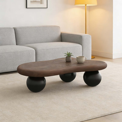 40 Inch Cloud Shaped Coffee Table with 3 Ball Legs for Living Room, Walnut Top Black Legs