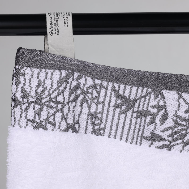 Carinna Cotton Medium Weight Floral Jacquard Border Assorted Bathroom Towel Set, White/Gray, 8 Piece Towel Set