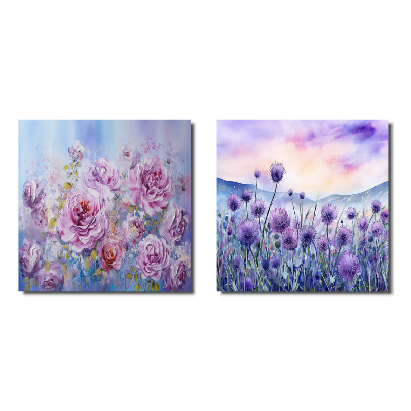 Mauve chardon et roses - ensemble de 2 collages carrés, Toile tendue, H 16 po x l 33 po