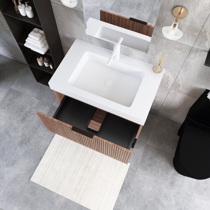 Meuble-lavabo autoportant 30 po en noyer avec plateau en acrylique 30 po