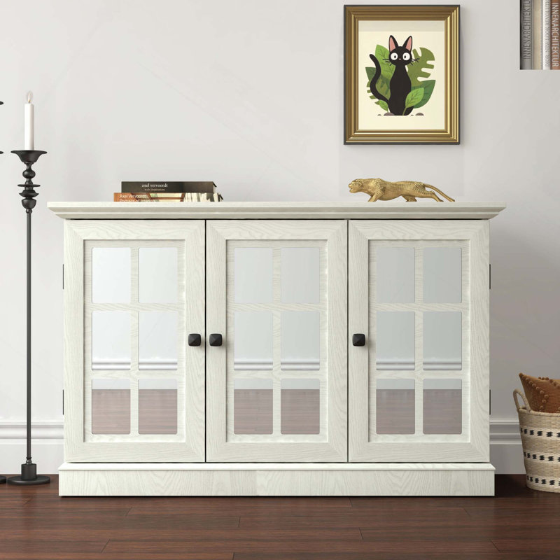 Armoire de rangement avec portes réglables décoratives et miroir, Chêne blanc