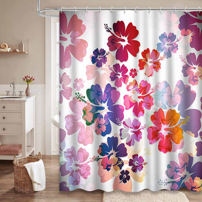 Rideau de douche imperméable à motif floral tropical avec 12 crochets Hibiscus, L 72 po x l 72 po