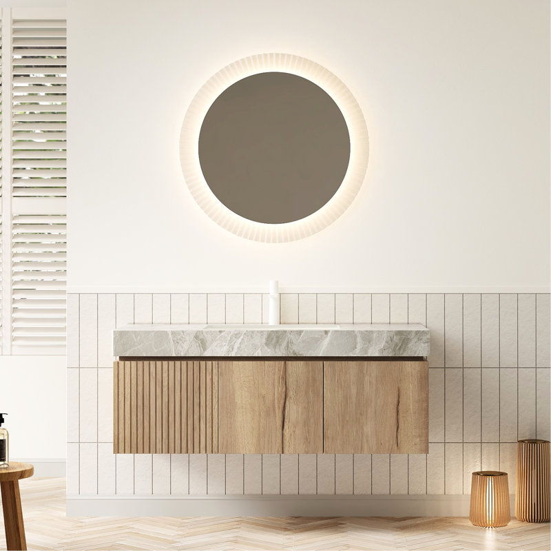 Meuble-lavabo de salle de bain de style 48 po, pierre frittée grise, armoire flottante en contreplaqué, 2 portes, 1 tiroir, couleur chêne blanc, comptoir en pierre facile à installer, armoire avec portes et tiroirs, préassemblée, haute performance