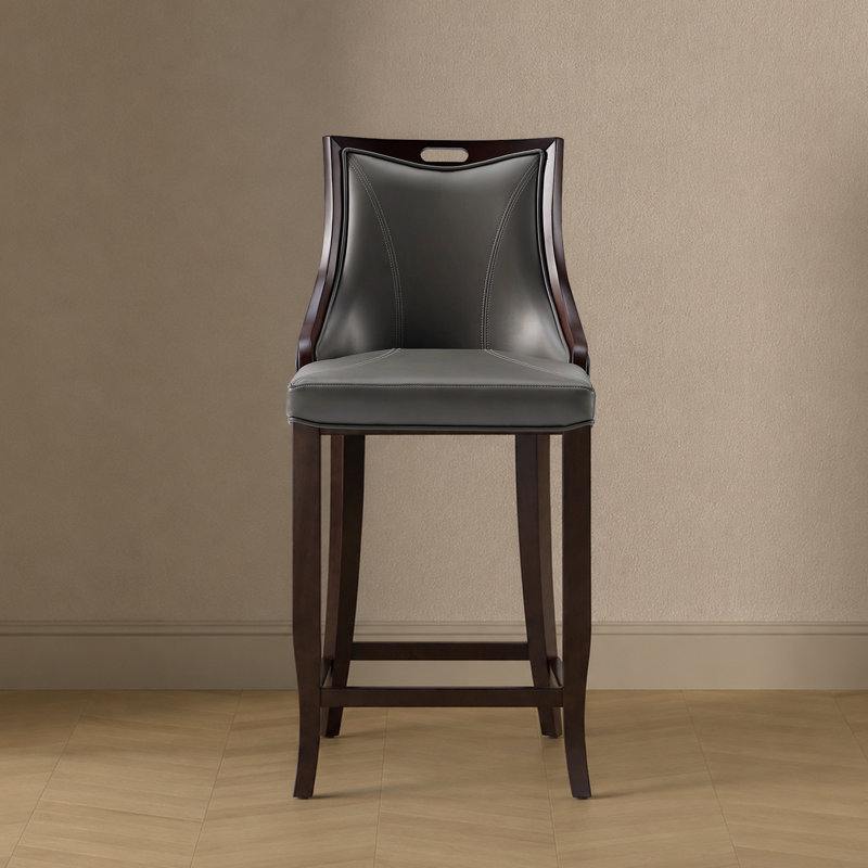 Emperor Traditional Vegan Leather Upholstered Beech Wood Bar Stool in Graphite, Dark Gray