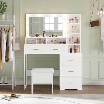 White Makeup Vanity Desk with Mirror & LED Lights, Vanity Table