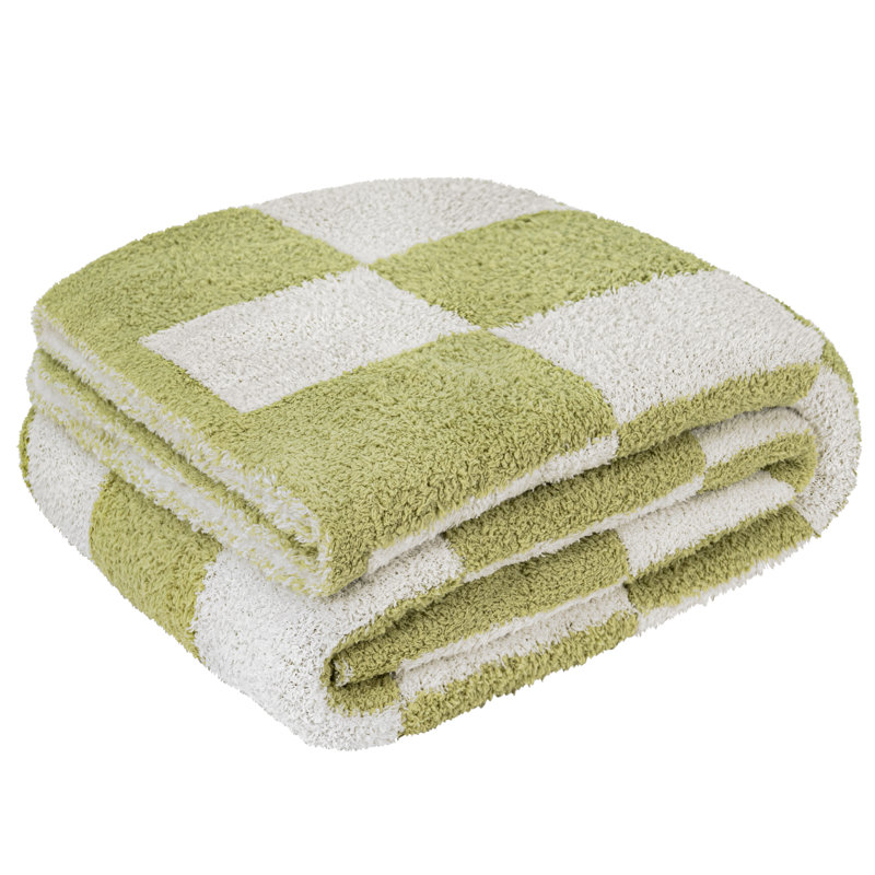 Sage Green and White Checkered Fleece Throw Blanket
