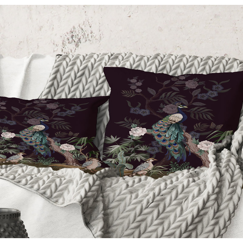 Carré, chinoiserie avec oiseaux et pivoines - Coussin décoratif à imprimé traditionnel, 18" x 18"