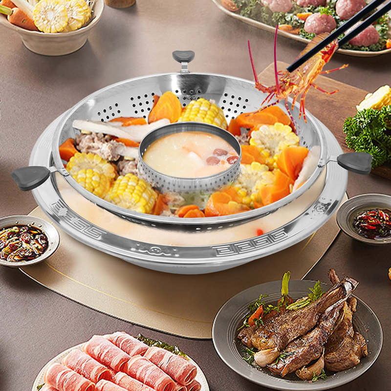 Marmite chinoise avec séparateur et filtre rotatif en acier inoxydable, pour 8 à 12 personnes, idéale pour les repas en famille ou entre amis.