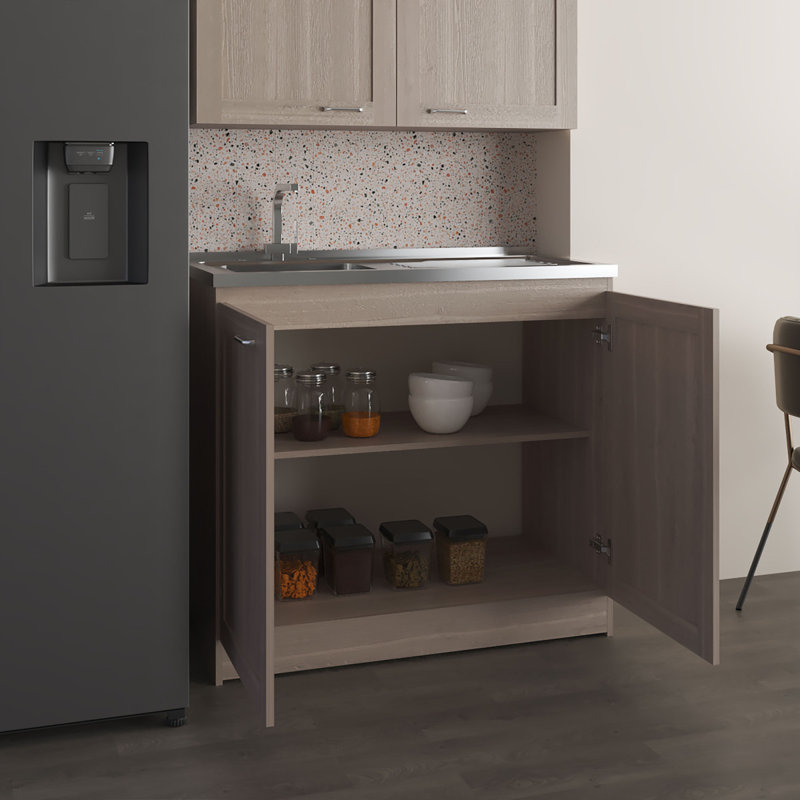 Évier utilitaire large de 39 po Zurich, armoire à deux portes avec deux tablettes, évier en acier inoxydable, salle de lavage, évier de garage, gris clair