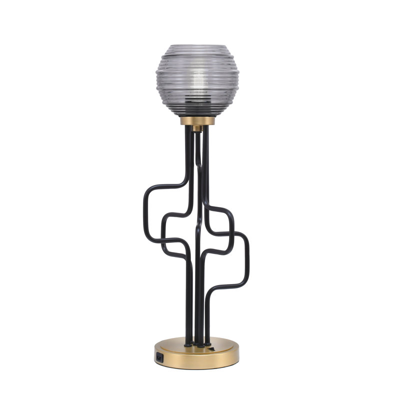 Lampe d'appoint Amarmula, avec ports USB, fini noir mat et laiton vieilli, verre strié fumée de 6 po, Doré, Transparent/noir