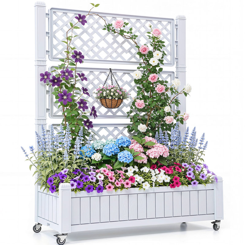 Resin Raised Garden Bed with Trellis, White