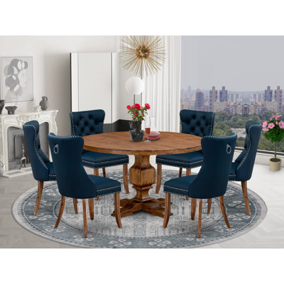 7-Piece Kitchen Table Set with Polyester Fabric 6 Navy Blue Parson dining chairs, Button-Tufted Backs, and a 54"Round Table in Antique Walnut Finish.
