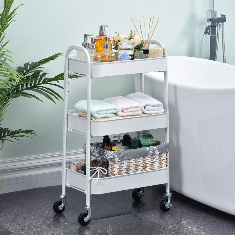 Metal Utility Cart, 3 Tier Rolling Cart With Lockable Wheels, White