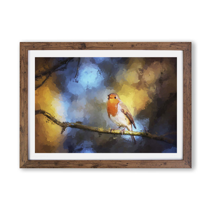 Robin Bird In A Tree - Single Picture Frame Painting, 62cm H x 87cm W x 2cm D, Walnut