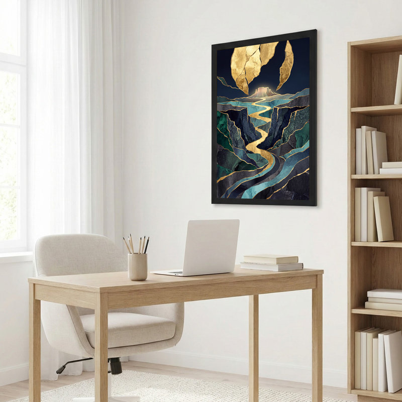 «Teal and Gold Abstract Mountain River», art mural sur toile, 30"H x 20"W