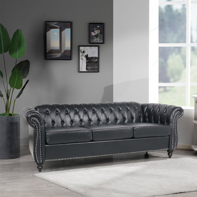 84"" Morden Design Chesterfield Faux Leather Sofa 3 Seater Sofa, Grey -  Alcott HillÂ®, B6B756835AD84428847BE016364951CA