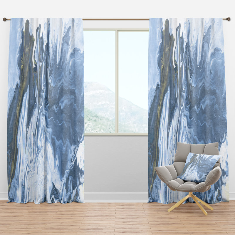 Hand Painted Marble Acrylic III - Modern Velvet Curtain - 1 panel, 52" W x 84" L, Blue/White