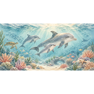 Dolphin Family Wallpaper Mural, Peel and Stick Kids Room Wall Mural, Watercolor Ocean Nursery Wallpaper