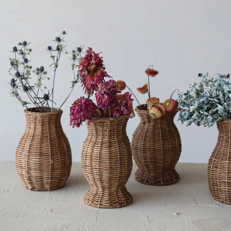 4-Piece Hand-Woven Rattan Vases with Glass Inserts