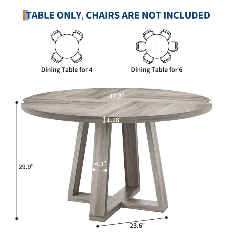 47 Inch Round Dining Table for 4-6 People, Round Kitchen Table with Sturdy Cross-Shaped Base & Adjustable Foot Pads, Circle Dining Table for Kitchen, Dining Room(Table Only), Grey
