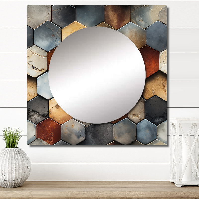 Rustic Hexagons Boho Pattern II - Modern Large Square Mirror For Wall Art Decor, 23" x 23"