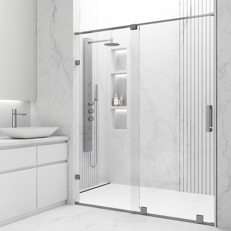 Porte de douche coulissante sans cadre avec verre transparent 3/8 po l 58-60 po x H 73 po Ryland, Acier inoxydable brossé