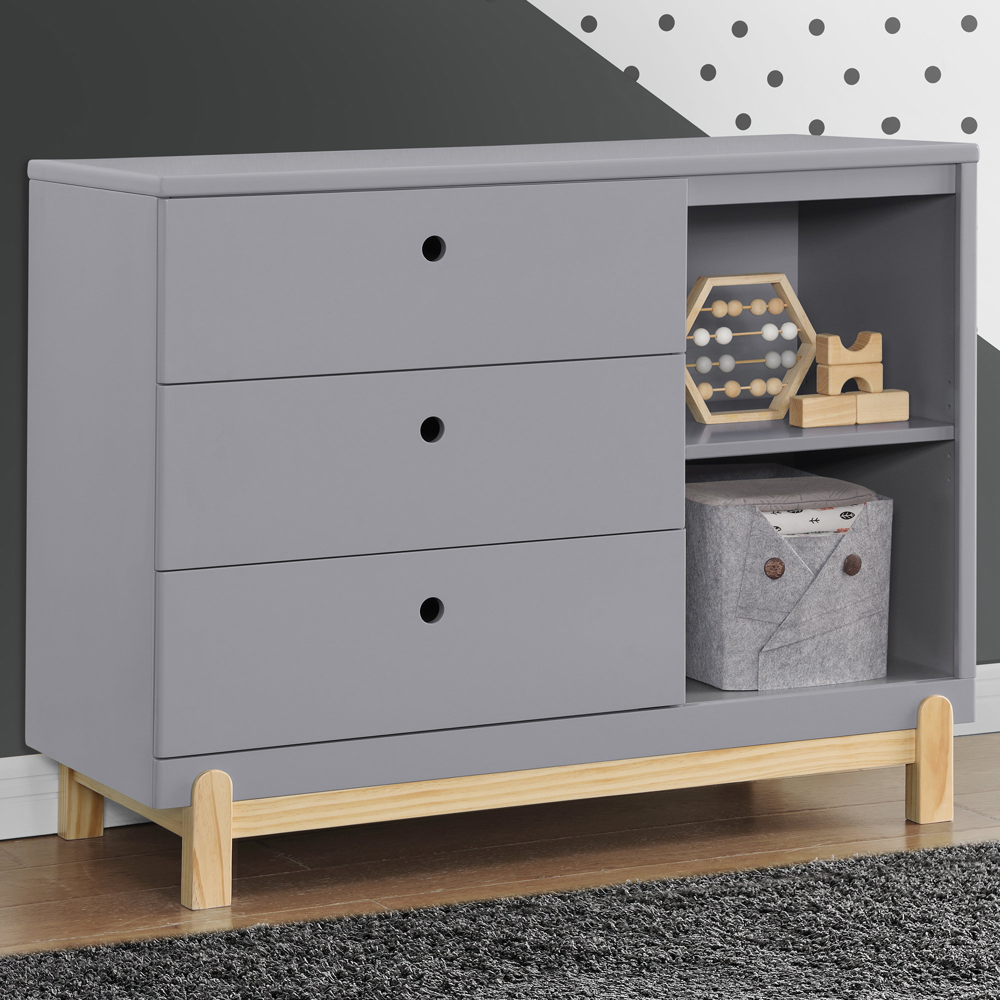 Poppy 3 Drawer Dresser with Cubbies and Interlocking Drawers, Gray/Natural