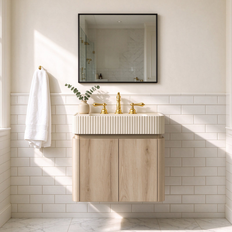 Meuble-lavabo flottant 24 po avec lavabo, meuble de rangement mural, lavabo intégré à surface solide beige crème, perceuse de robinet à 3 trous de 8 po, finition grain de bois de chêne blanc - robinet et drain non inclus