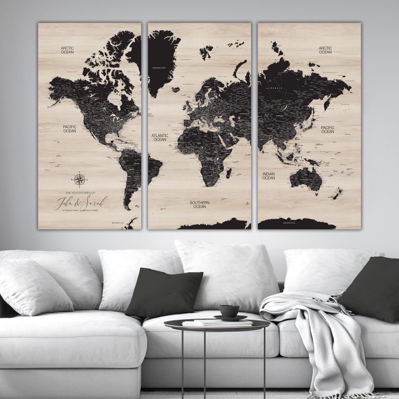 Carte du monde personnalisée en bois à punaises modernes - 3 panneaux, Gris, H 40 po x l 64 po, Oui