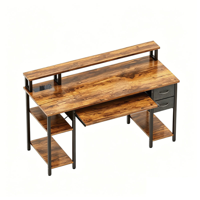 120 x 50 cm, Computer Desk with Drawers & Power Outlets,Reversible Small Desks, Brown/Black