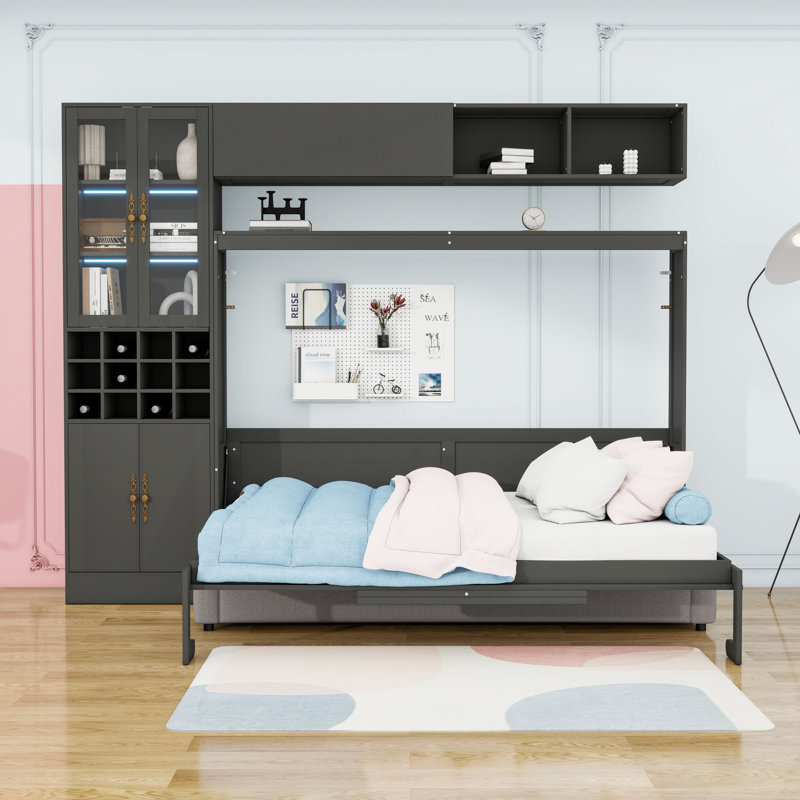 Lit escamotable en bois avec canapé et armoire et port USB, Blanc, Grand
