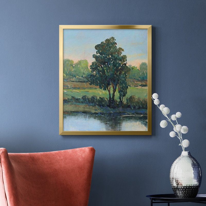 «Tree by the Riverbank I», toile encadrée de qualité supérieure - prête à être accrochée, Cadre doré à coins fermés