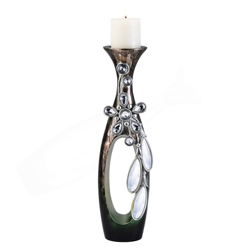 16" Tall Polyresin "Balleria" Candleholder, Crystal And Glass Accent