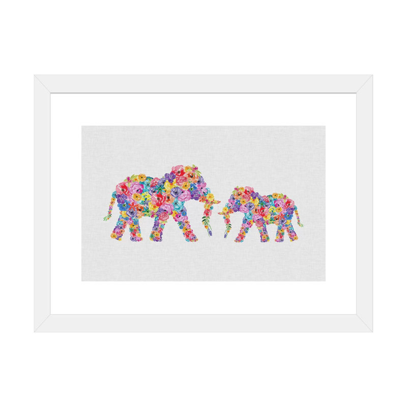 Floral Elephants - impression d'art graphique, Papier encadré blanc, H 16 po x l 24 po x P 1 po