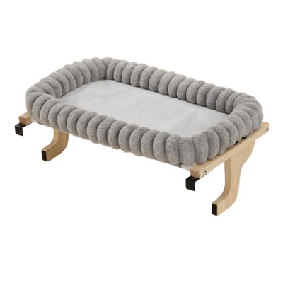 Cat Window Perch with Bolster Bed, Large Wooden Window Sill Cat Hammock, No Suction Cups, Washable Cushion, Heavy-Duty Frame for Large Cats, Natural Wood & Grey