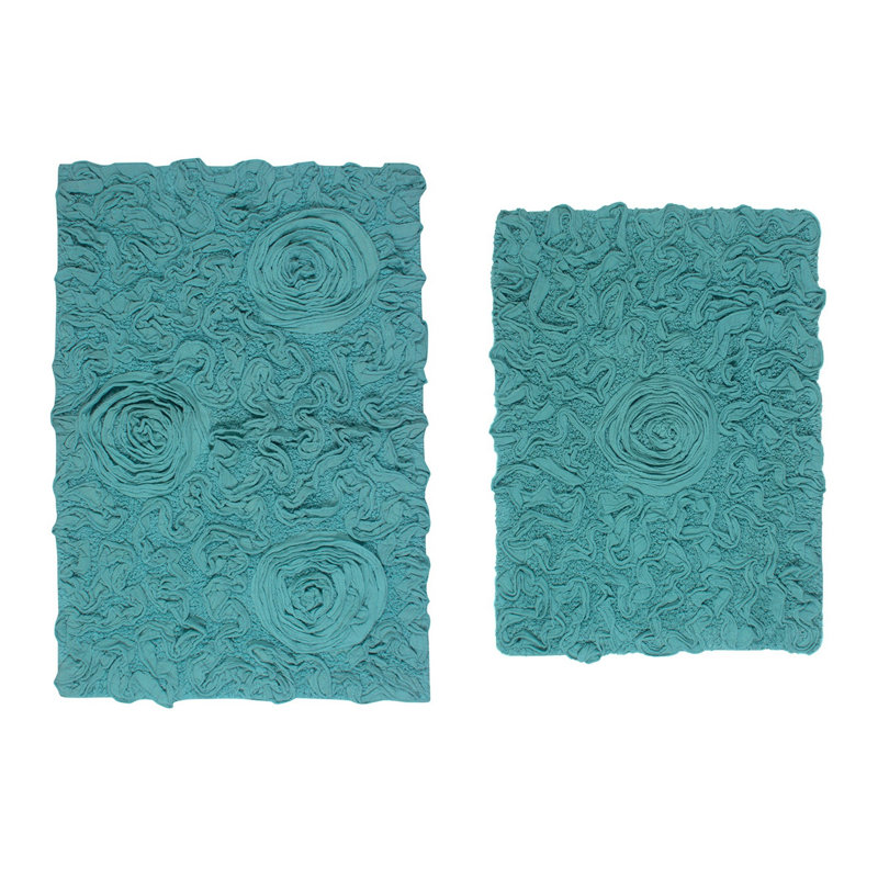 Freida Rectangle 100% Cotton 2 Piece Bath Rug Set, Turquoise, 17" W x 24" L, 21" W x 34" L