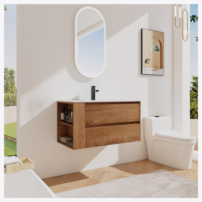 36" Wall Mounting Bathroom Vanity With Ceramic Sink, Soft Close Drawer