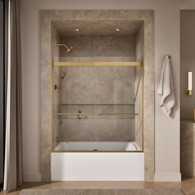 Levity 59.63" x 62" Bypass Bath Door with CleanCoat® Technology, Clear, Moderne Brass