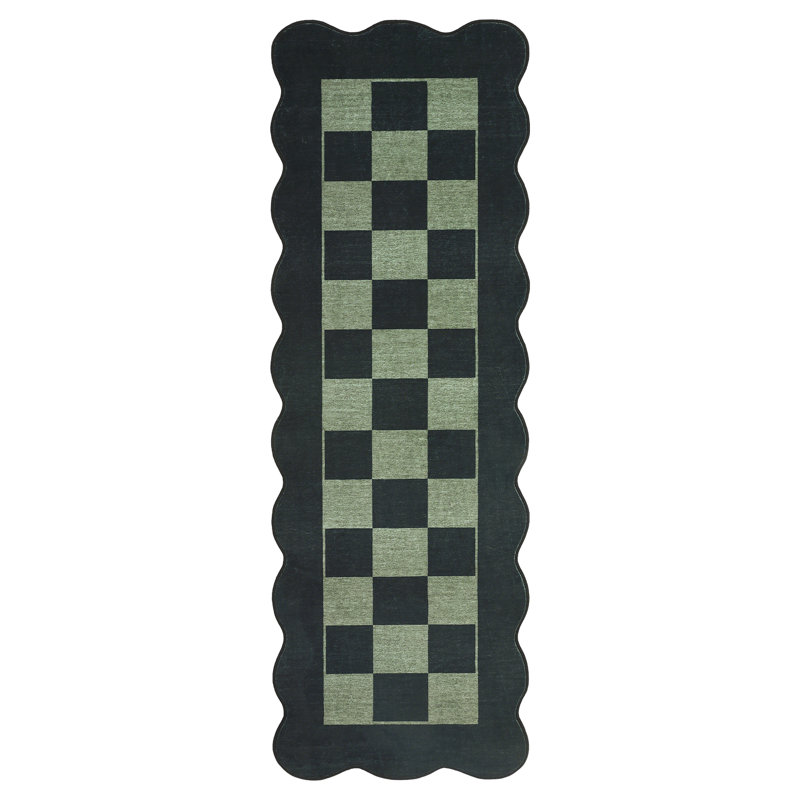 Washable Scalloped Rug Modern Checkerboard Rug Non Slip, Soft Non Shedding Thin Carpet, Indoor Low Pile Foldable Carpet, Contemporary Printed Mat for Living Room Bedroom
