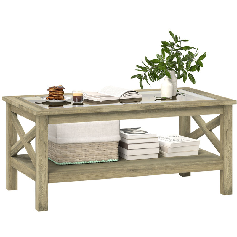 Gray Wood and Glass Coffee Table with Storage Shelf
