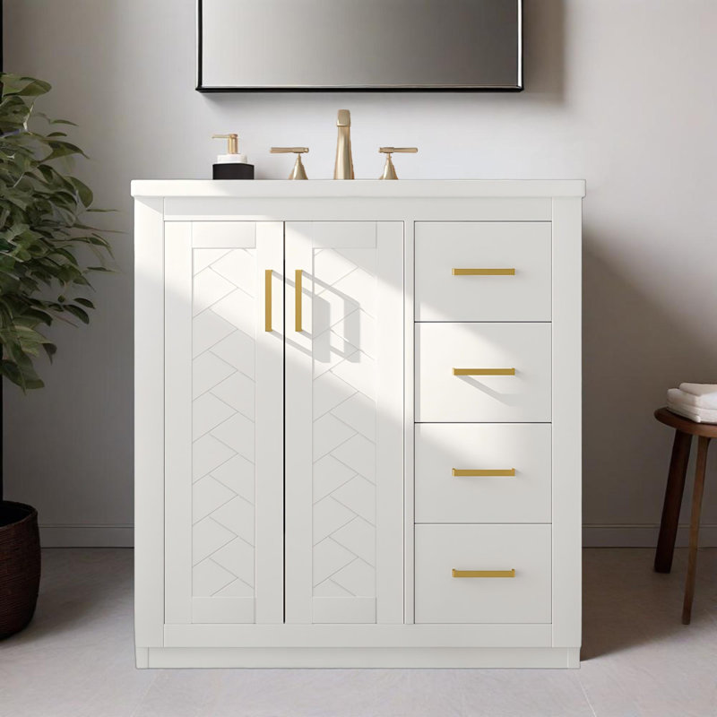 Ensemble de meuble-lavabo autoportant 30 po avec lavabo en céramique, 3 tiroirs et portes à fermeture douce, Blanc