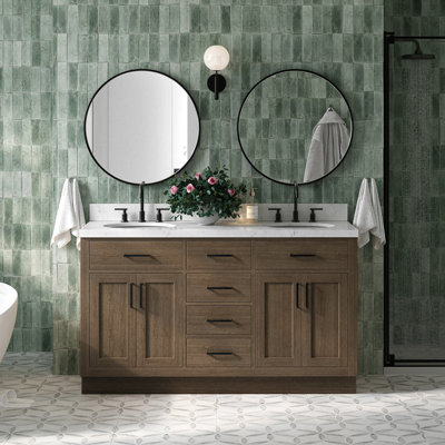 Meuble-lavabo double en bois massif Thornaby avec plateau en quartz Carrara de 1,5 po