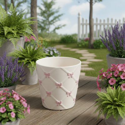 Pot à fleurs rond en céramique crème et rose