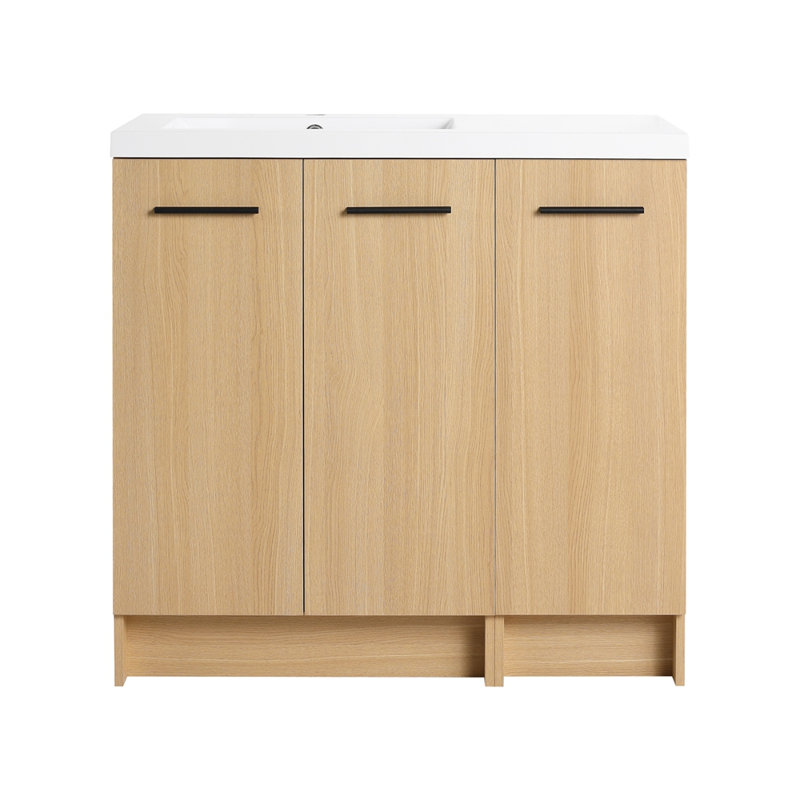 Meuble-lavabo autoportant modulaire de 36 po avec plateau de lavabo en résine 36 po, chêne clair, 2 pièces (24 po 2 portes + 12 po 1 porte), armoire KD, avec poignées en aluminium noir et brossé