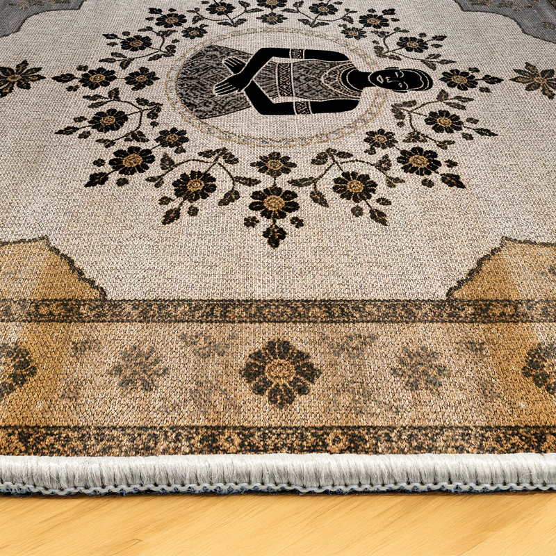 Annie Collection Digital Print Cotton-Polyester Gray Human Figured Floral Rug, Rectangle 5'3" x 9'11"