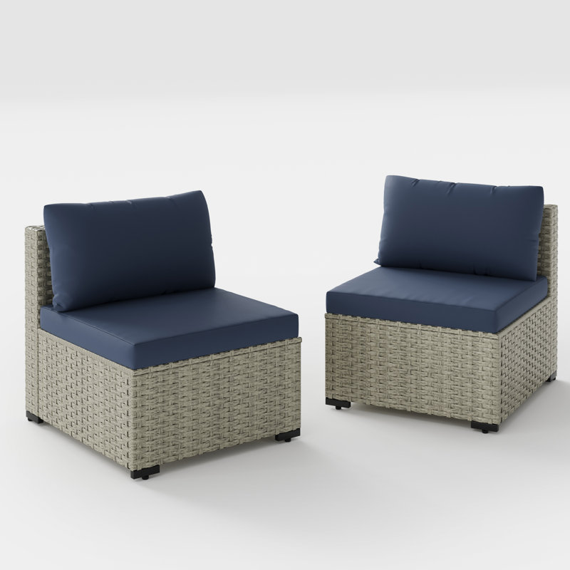 2 Pieces Rattan Patio Sofa With Cushions, Navy